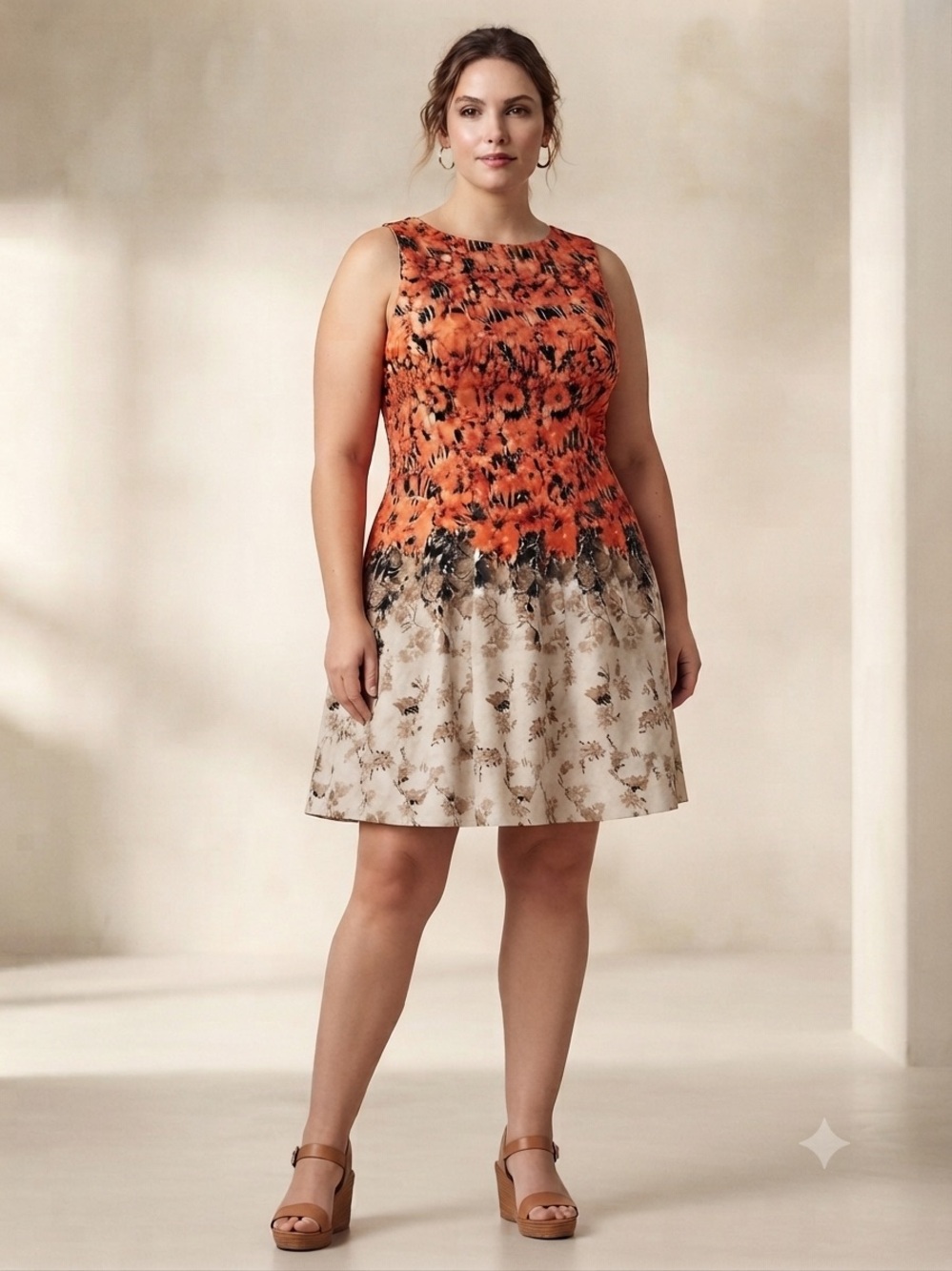 Floral Ombre Fit & Flare Dress in Orange and Cream